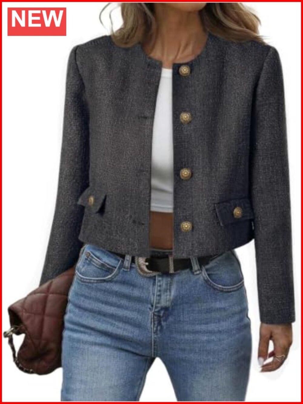 Cropped Tweed Blazer Collarless Button Down Bomber Jacket